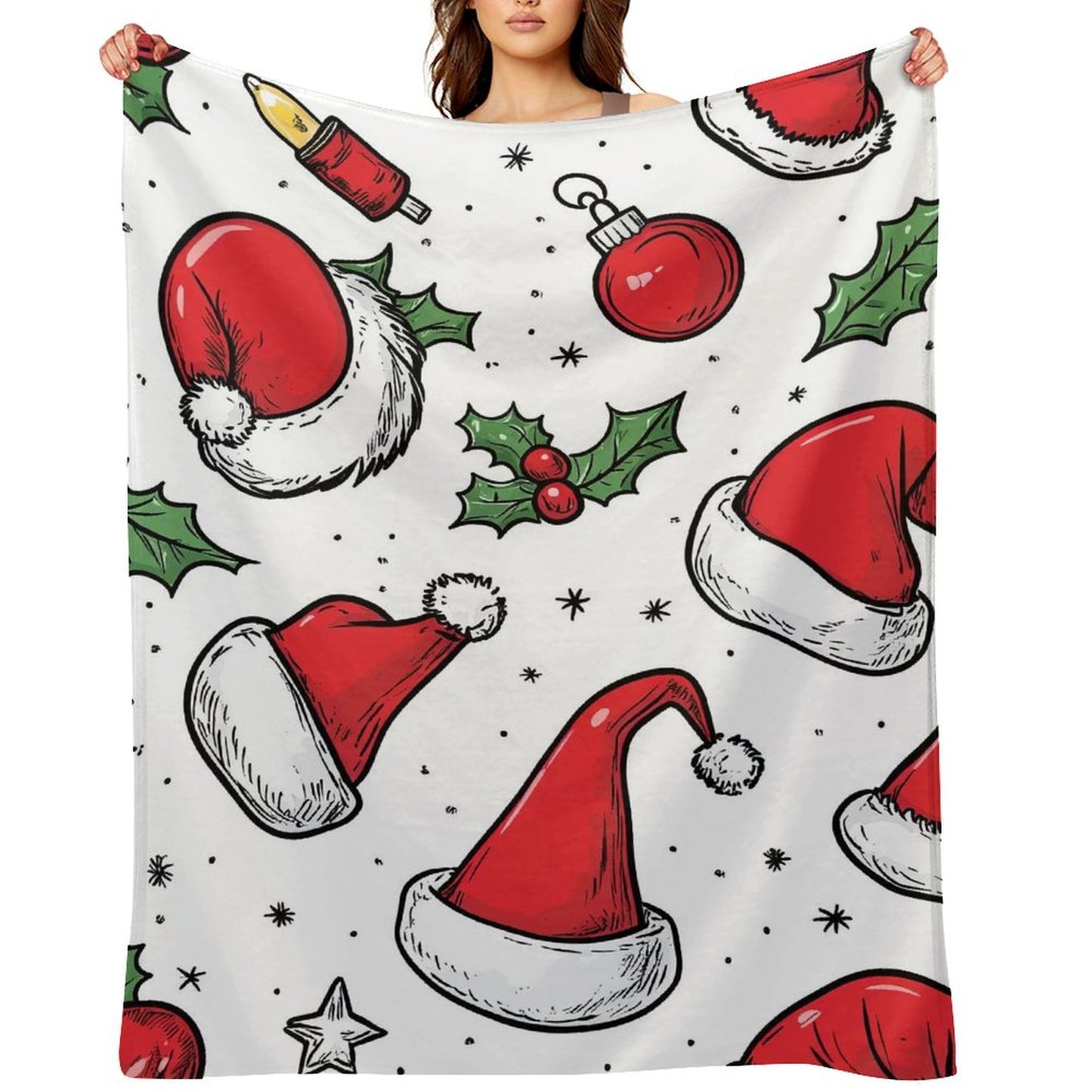Santa Hat Pattern Anti-Pilling Flannel Blanket – Soft Cozy Christmas Throw