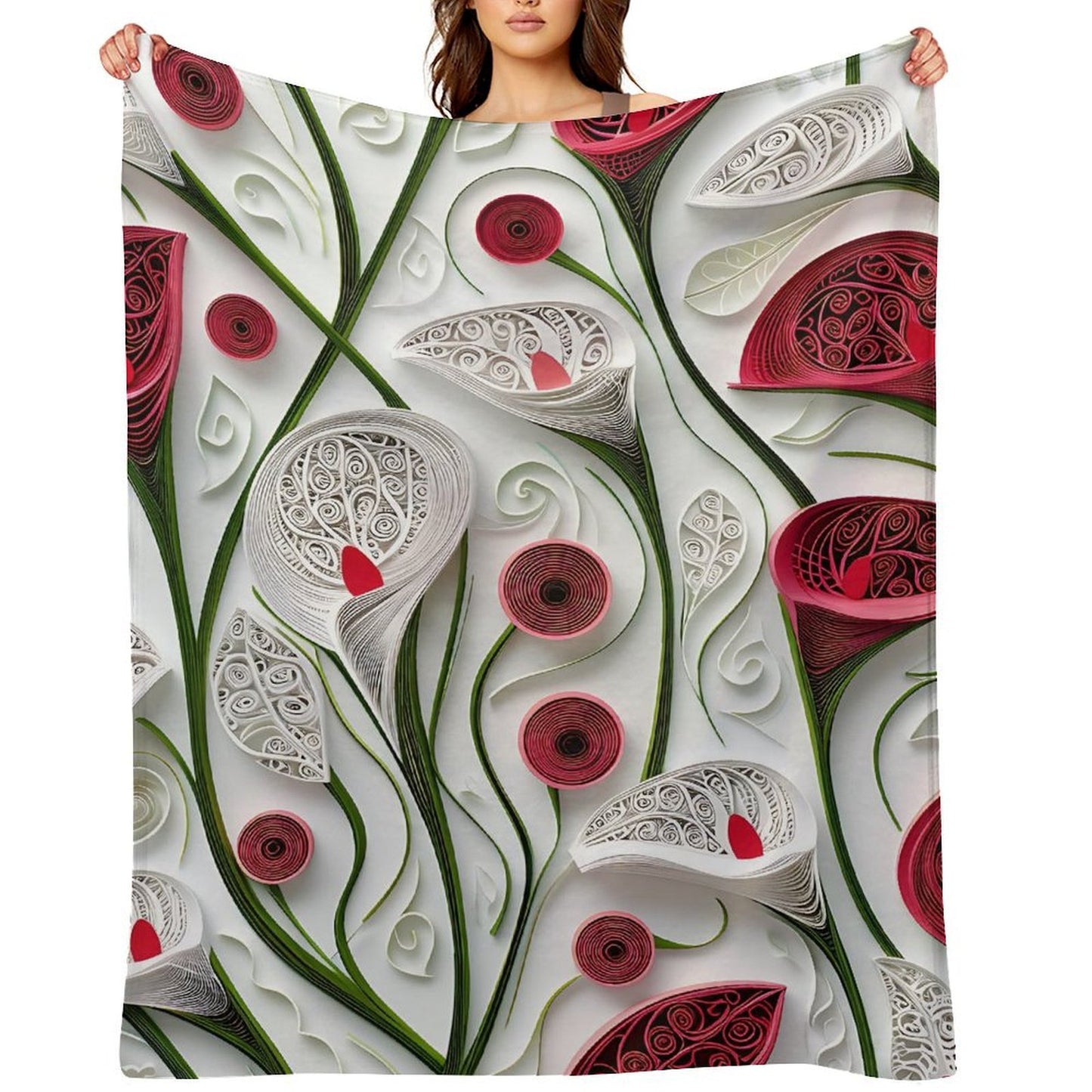 Anti-Pilling Flannel Blanket with 3D Red and White Floral Design
