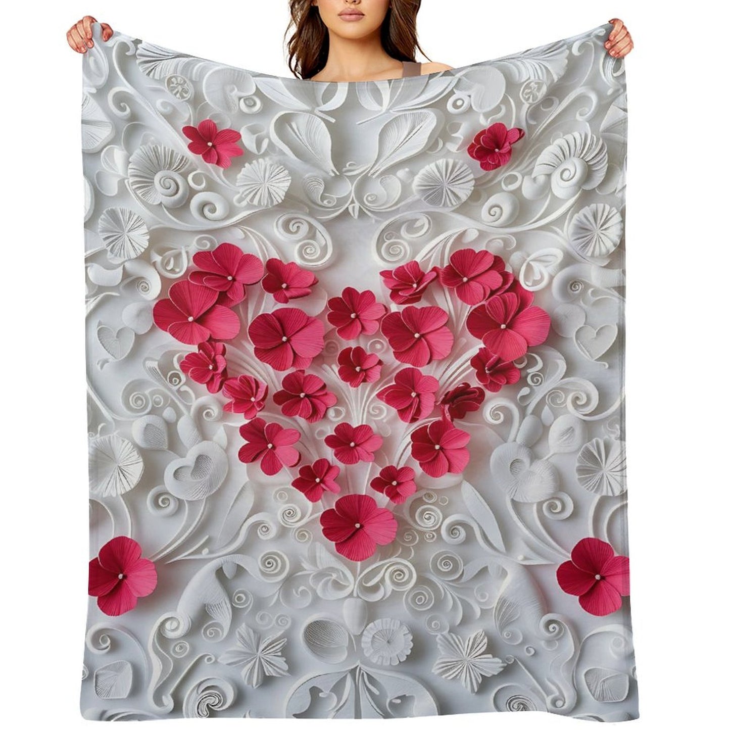Anti-Pilling Flannel Blanket with 3D Pink Heart Floral Design