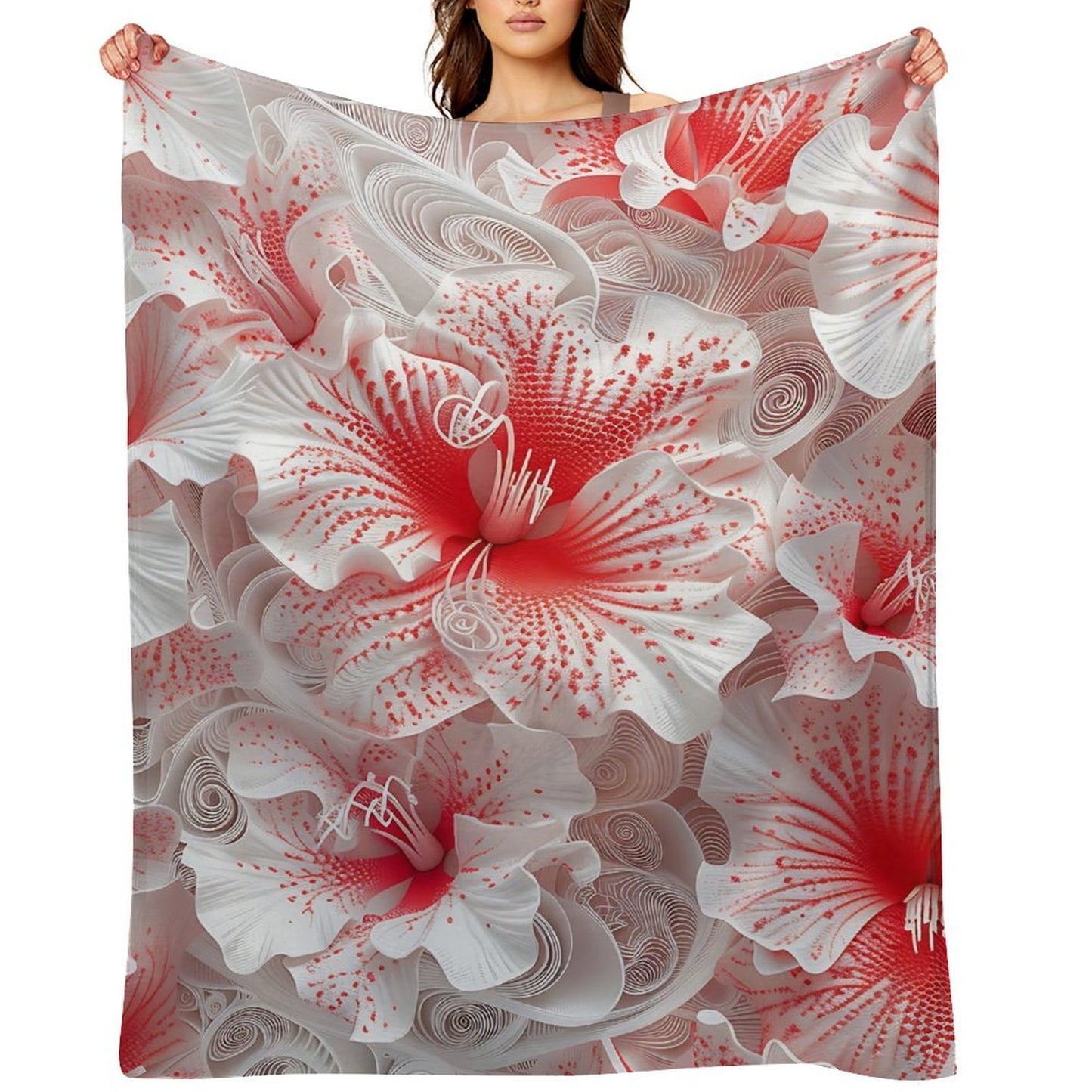 Soft Anti-Pilling Flannel Blanket with Red and White Floral Design