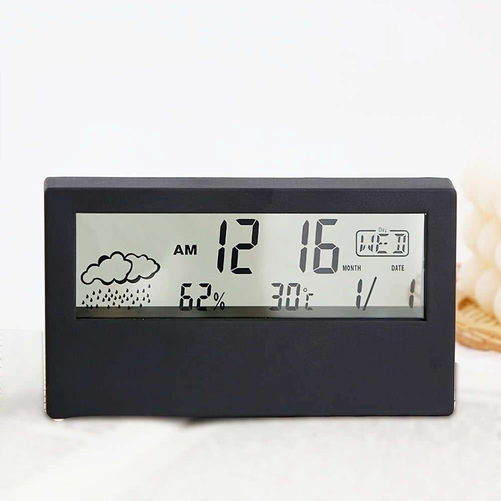 Square LED Digital Clock Silent Operation Transparent Case Temperature Humidity Display Snooze Function Weather Icons Battery Powered Home Office Decor