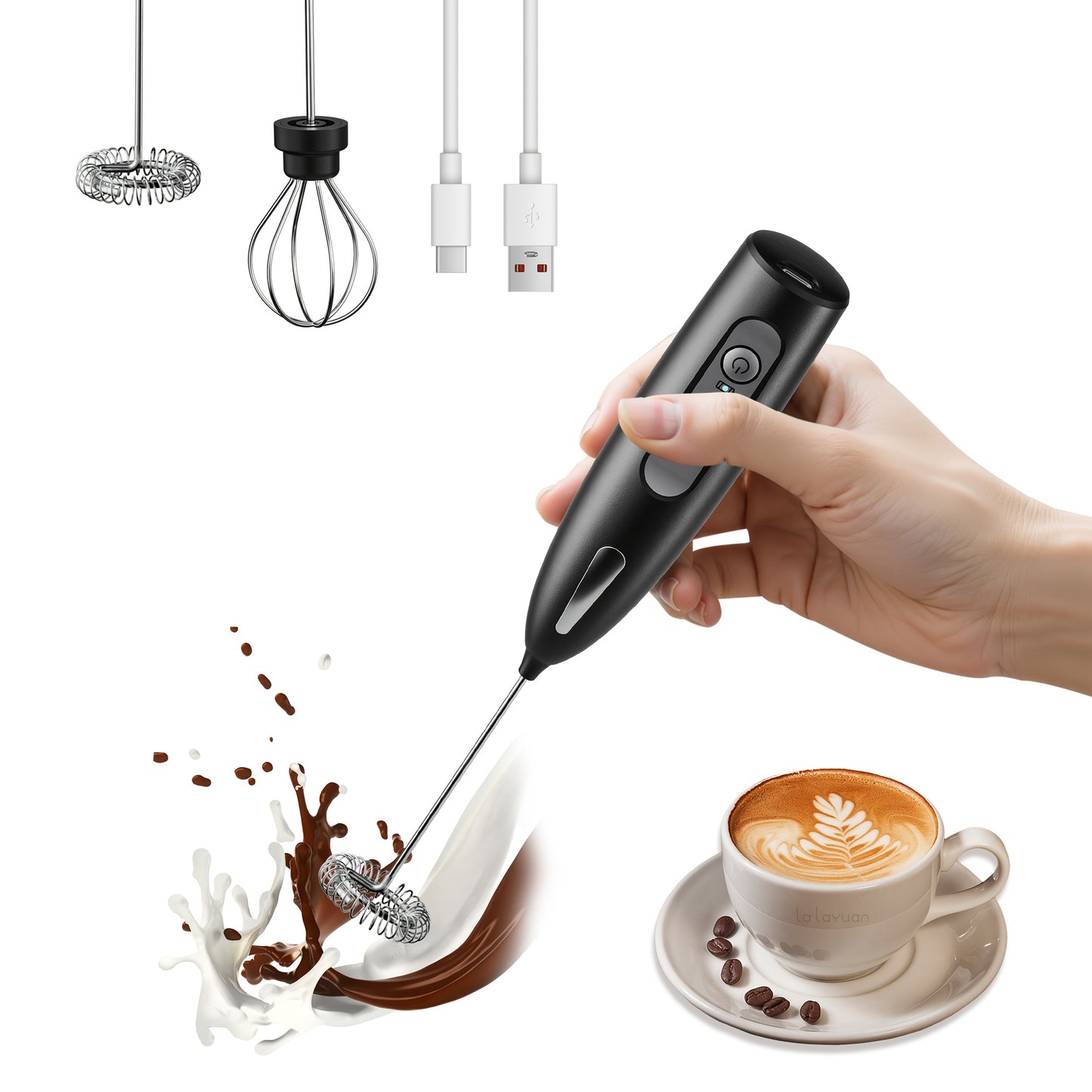 USB Rechargeable 3-Speed Milk Frother with Foam Maker & Egg Whisk Fast Foam in Seconds for Coffee Cappuccino Hot Chocolate Portable Quiet 304 Stainless Steel Handheld Mixer