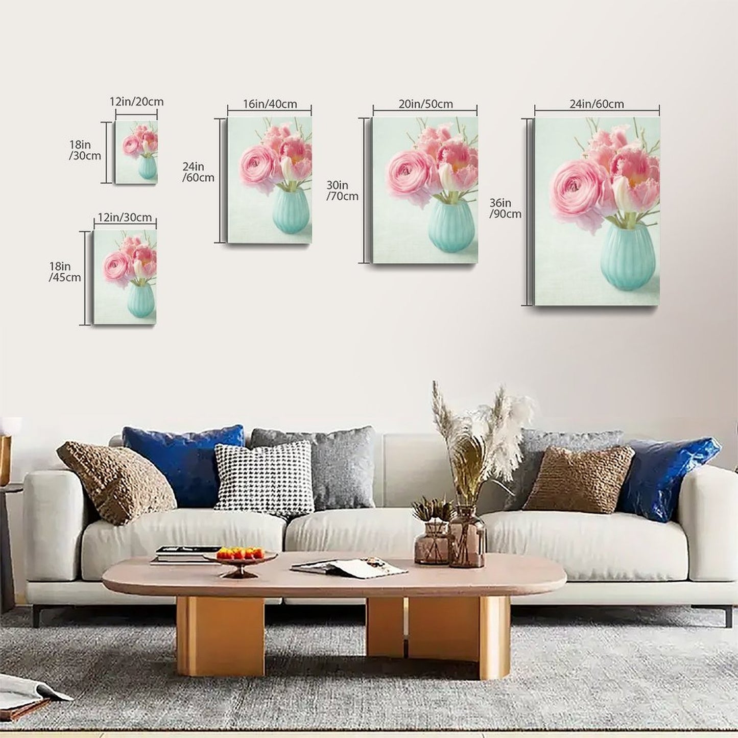 Pink Floral Wall Art with Blue Vase Canvas Painting - Flowers 32