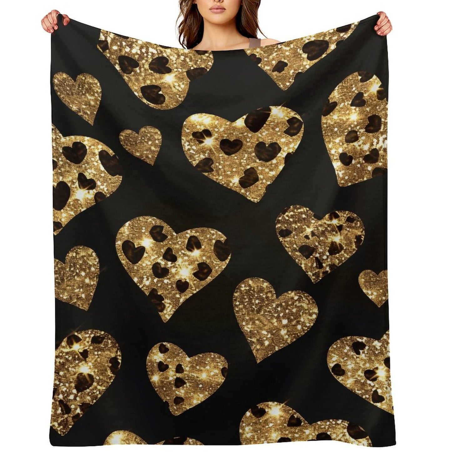 Anti-Pilling Flannel Blanket with Gold Glitter Heart Pattern Design