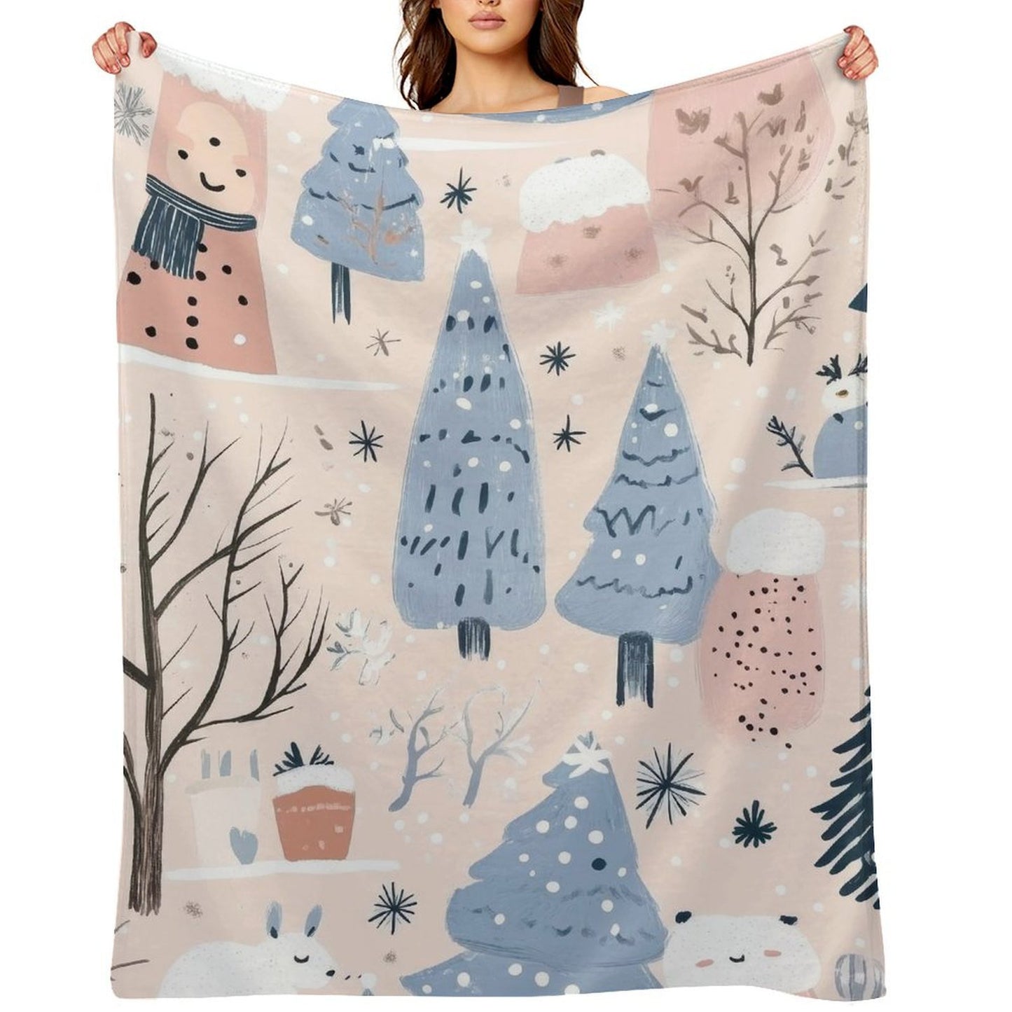 Anti-Pilling Flannel Blanket Winter Forest and Snowman Design