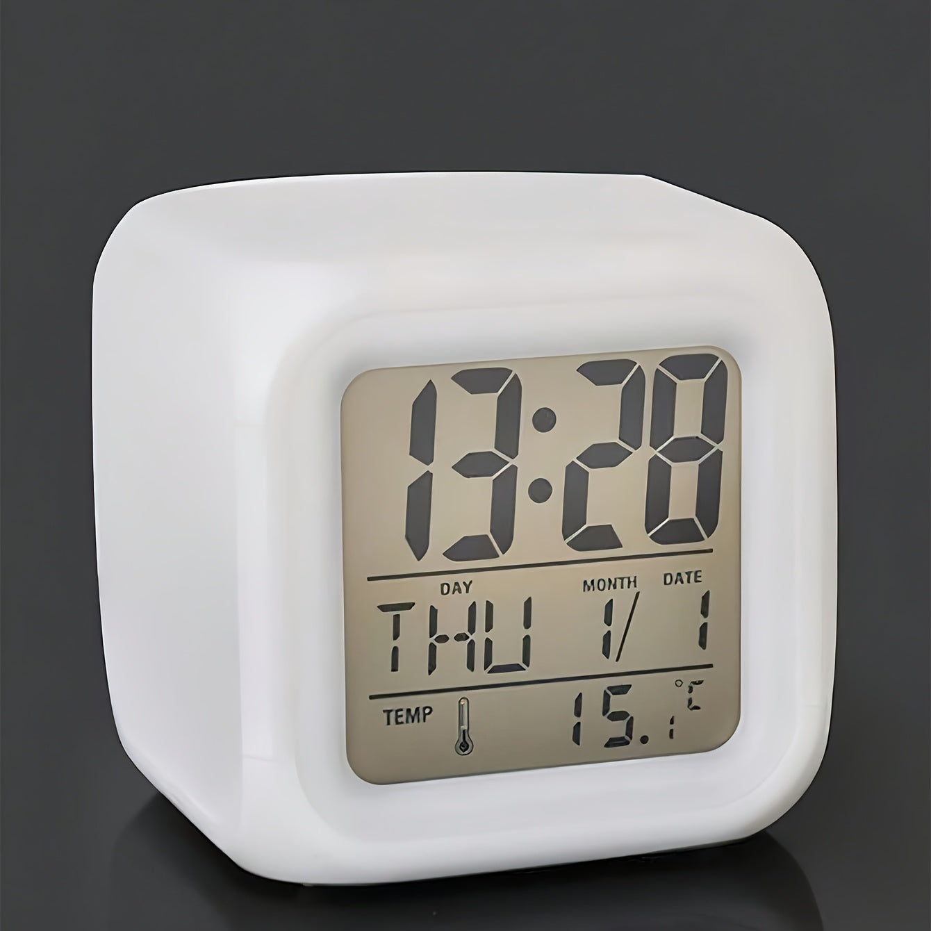 Color-Changing Alarm Clock with Thermometer Silent LED Night Light Date Display Square Battery Powered White for Bedrooms