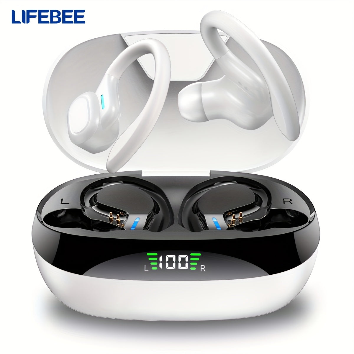 Wireless Sports Earbuds with Earhooks Active Noise Cancelling Dual-LED Display Pure Bass Built-in Microphone for Running