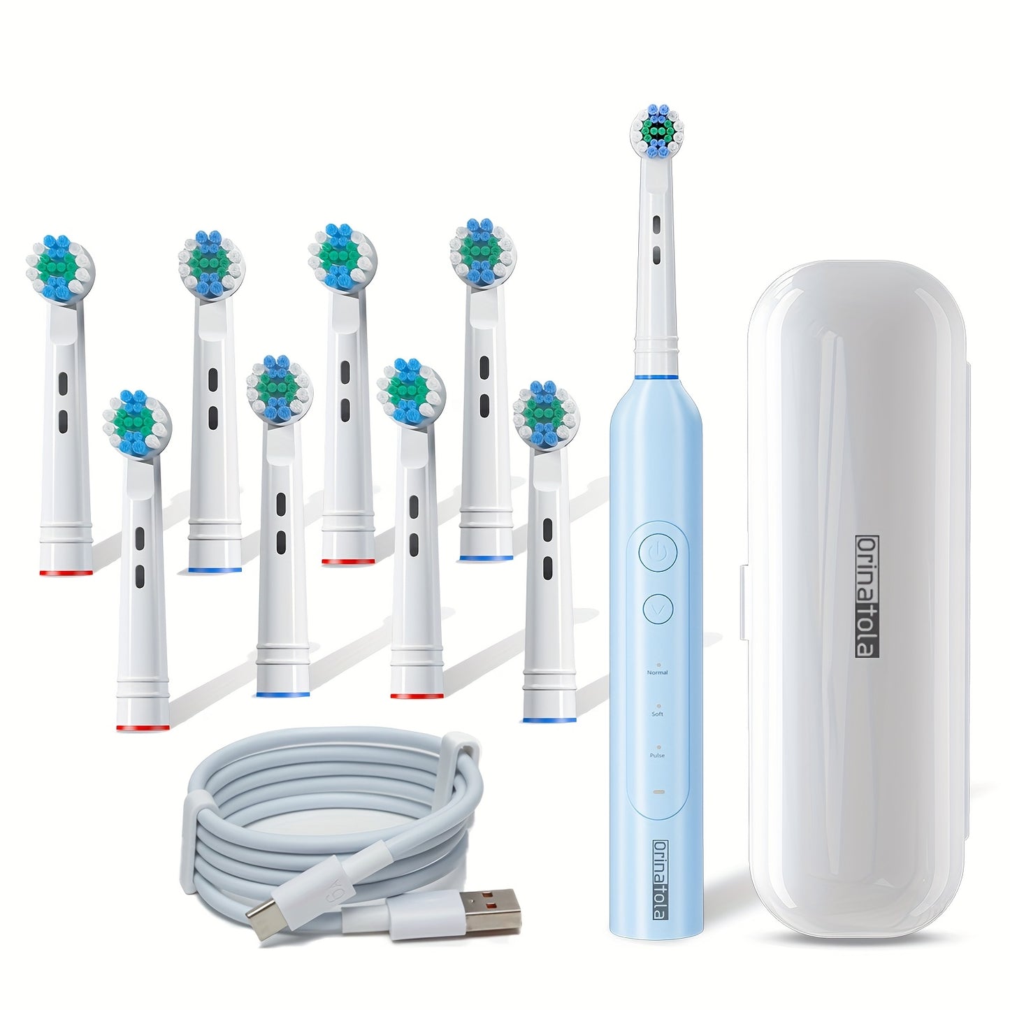 Adult Electric Toothbrush USB C Rechargeable with 8 Round Heads 3 Brush Sounds 600mAh Battery Travel Case Home Kit ORINATOLA