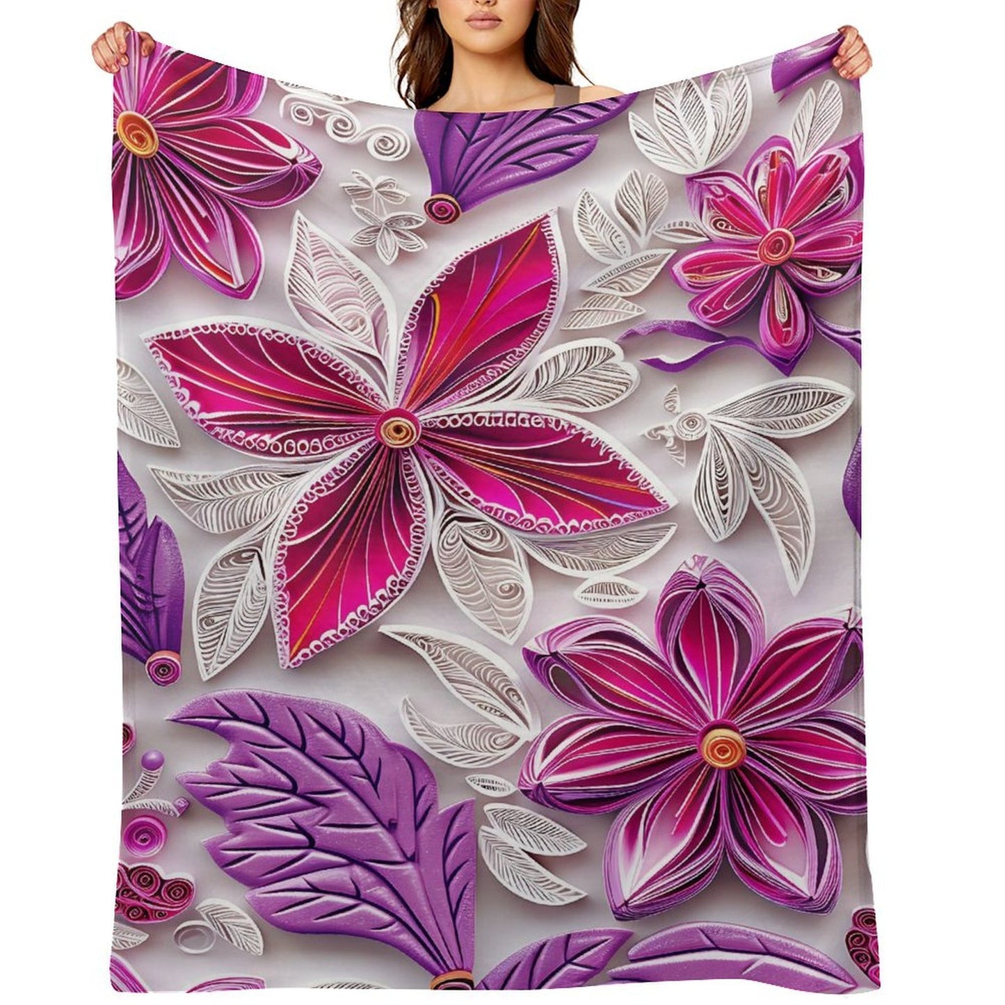 Soft Anti-Pilling Flannel Blanket with Pink and Purple Floral Design
