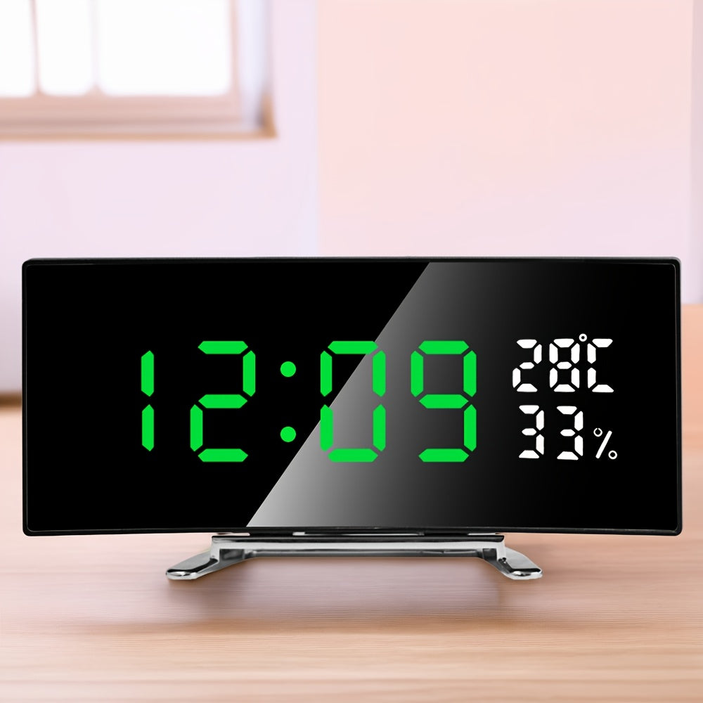 1pc Curved LED Alarm Clock with Large Display Screen Shows Time Temperature Humidity USB Powered Multifunctional Desk Clock