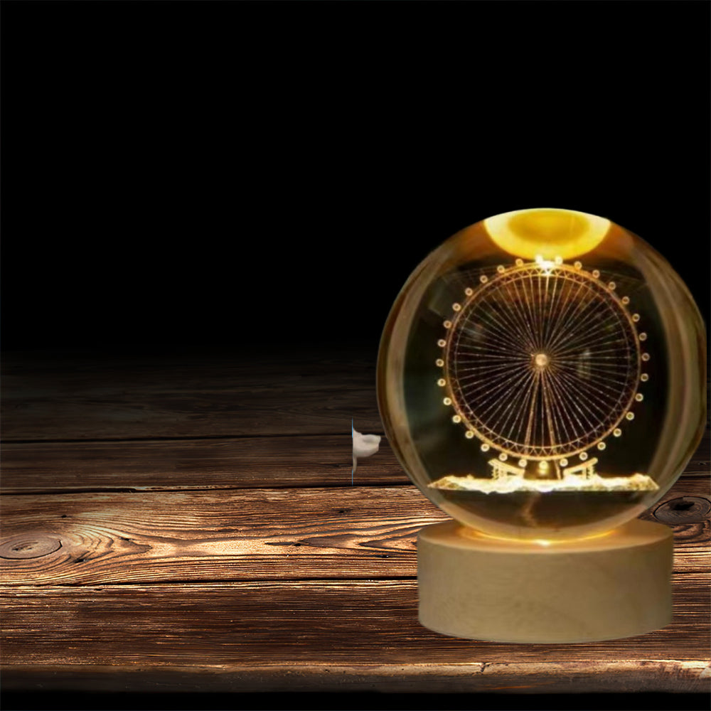 Unique 3D Crystal Ball Night Light USB Powered Wooden Base LED Lamp for Bedroom Office Gift