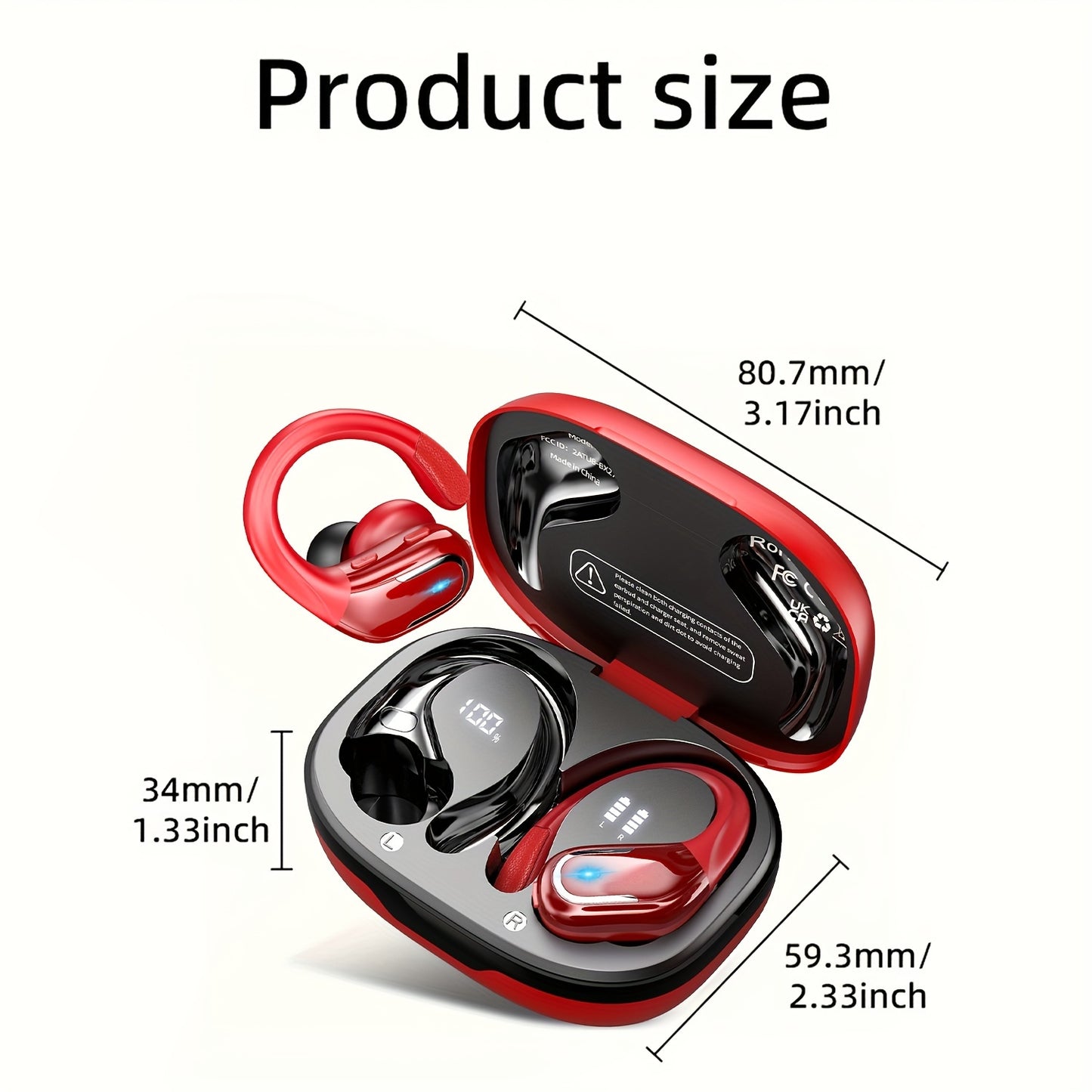 Wireless Earbuds Earhooks Pure Bass Noise Cancelling Headset Dual-LED Display Built-in Mic for Sports Running
