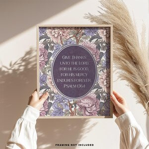 Give Thanks To The Lord For He Is Good, Psalm 136:1, Gold Foil Print, Scripture Art, Christian Wall Art, Wildflower Art, William Morris