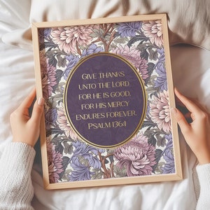 Give Thanks To The Lord For He Is Good, Psalm 136:1, Gold Foil Print, Scripture Art, Christian Wall Art, Wildflower Art, William Morris