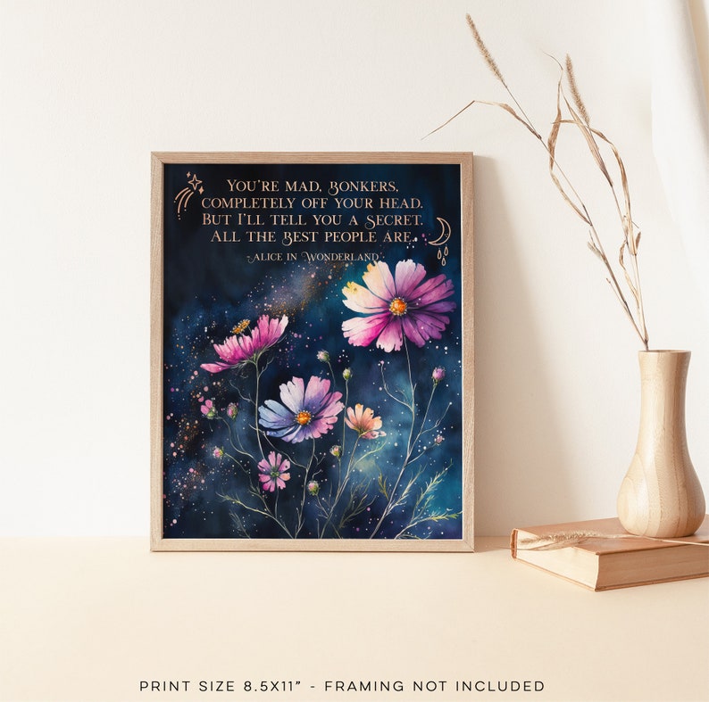 Alice in Wonderland Quotes Set of 2 Prints - Bright Side Quote - You're Mad Bonkers - Gold Foil Print - Lewis Carroll - 8.5x11 inches