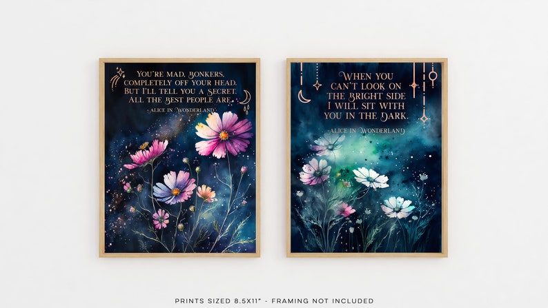 Alice in Wonderland Quotes Set of 2 Prints - Bright Side Quote - You're Mad Bonkers - Gold Foil Print - Lewis Carroll - 8.5x11 inches