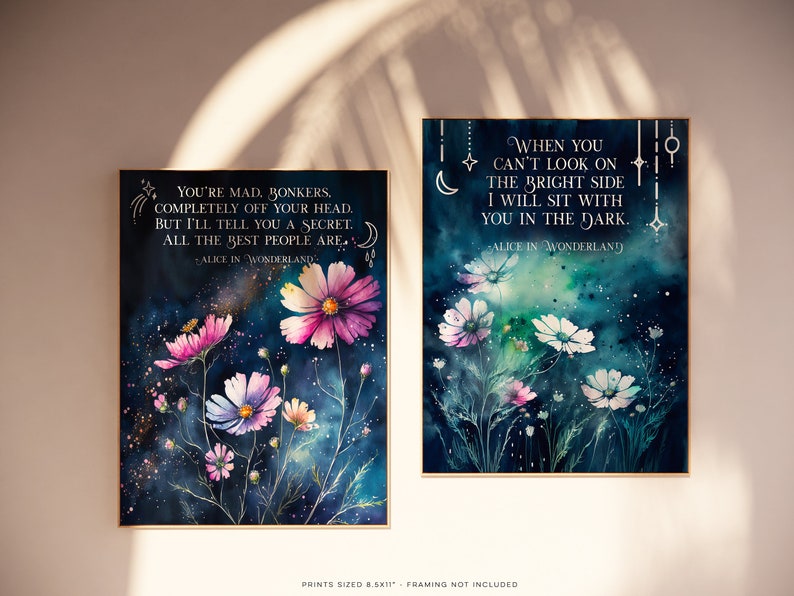 Alice in Wonderland Quotes Set of 2 Prints - Bright Side Quote - You're Mad Bonkers - Gold Foil Print - Lewis Carroll - 8.5x11 inches