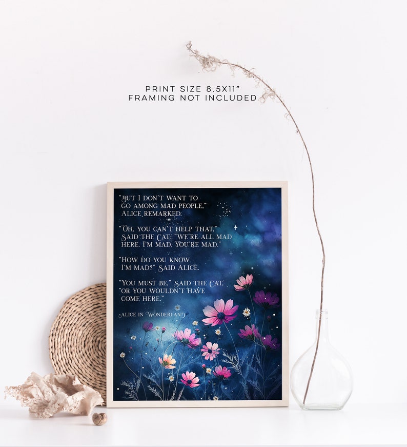 Alice in Wonderland Quote Print - We're All Mad Here - Cheshire Cat - Alice in Wonderland Decorations - Lewis Carroll - 8.5x11 inches