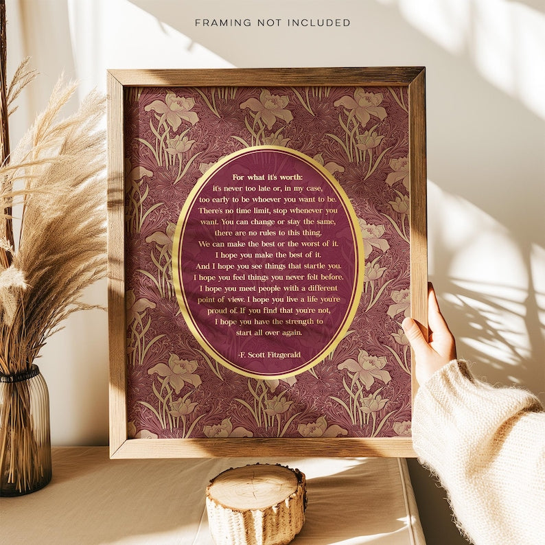 For What its Worth - F Scott Fitzgerald Quote - Coquette Decor for Home or Apartment - Gold Foil Print - Literary Quote - 8.5x11 inch