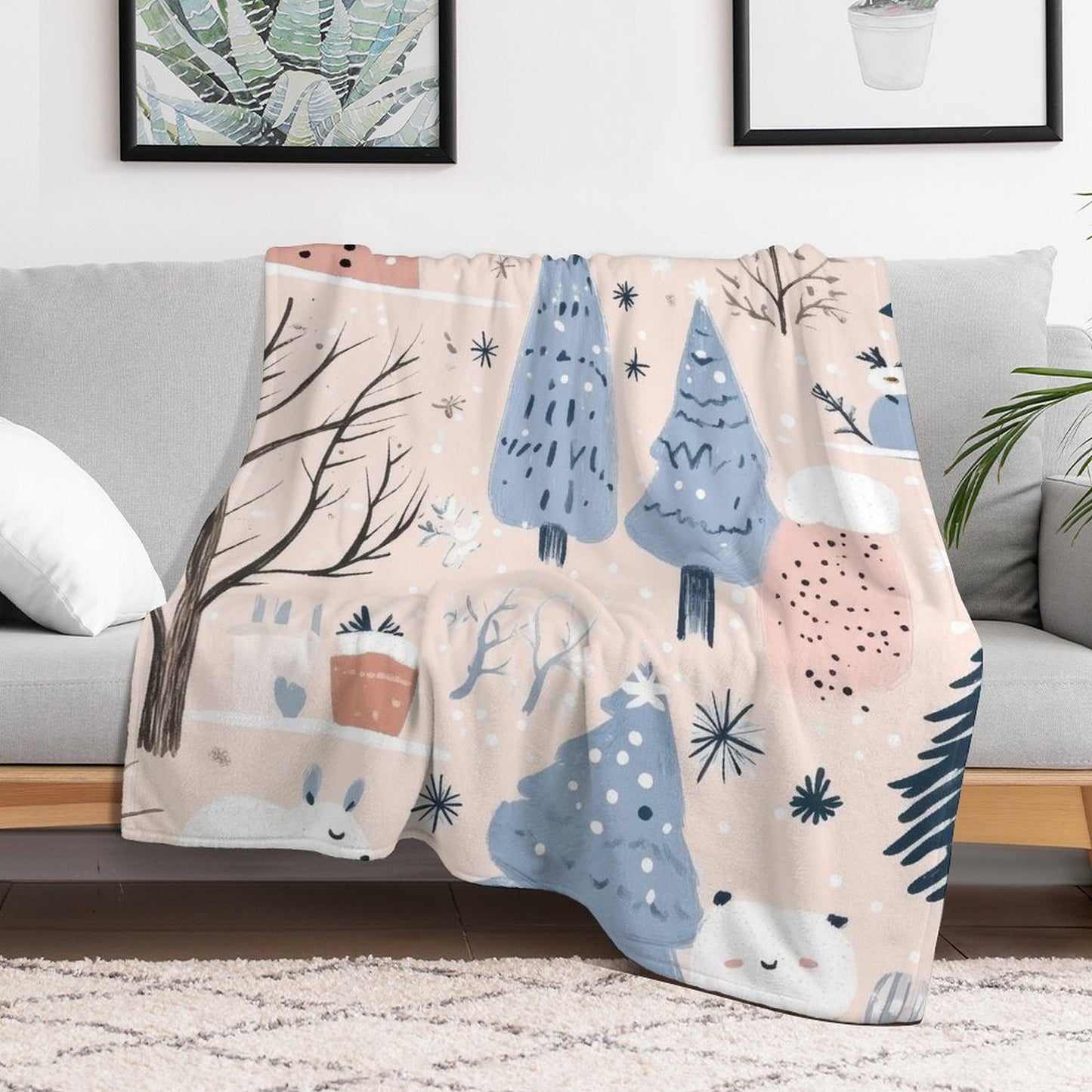 Anti-Pilling Flannel Blanket Winter Forest and Snowman Design