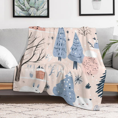 Anti-Pilling Flannel Blanket Winter Forest and Snowman Design
