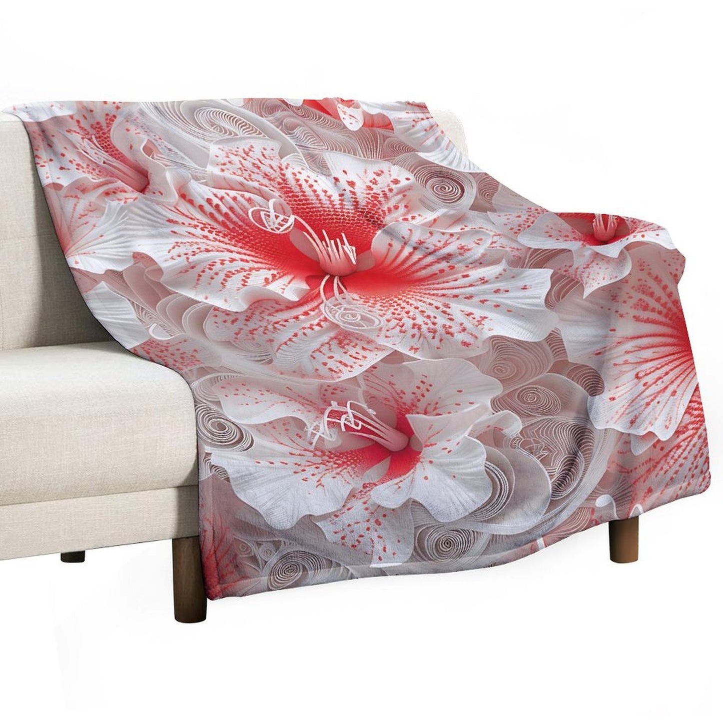 Soft Anti-Pilling Flannel Blanket with Red and White Floral Design