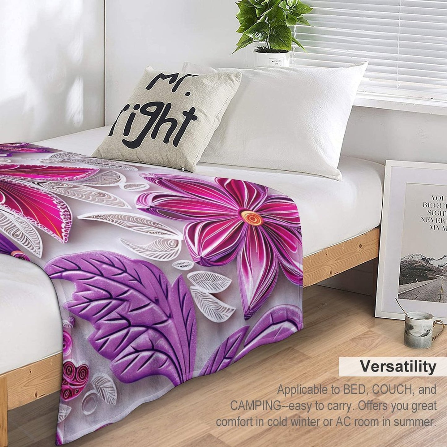 Soft Anti-Pilling Flannel Blanket with Pink and Purple Floral Design