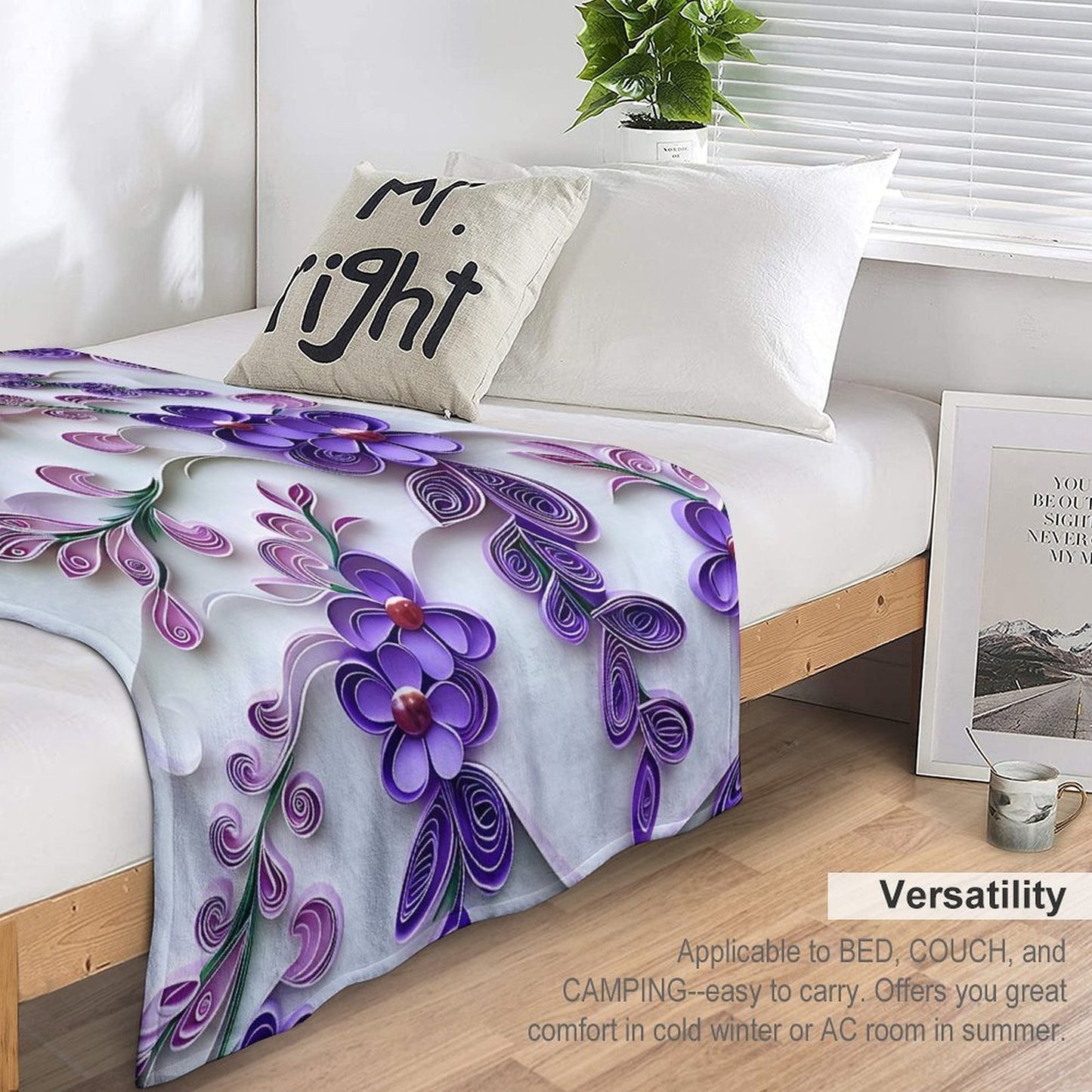 Soft Anti-Pilling Flannel Blanket with Purple Floral Pattern Design