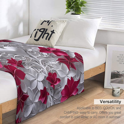 Soft Anti-Pilling Flannel Blanket with Heart and Red Floral Design