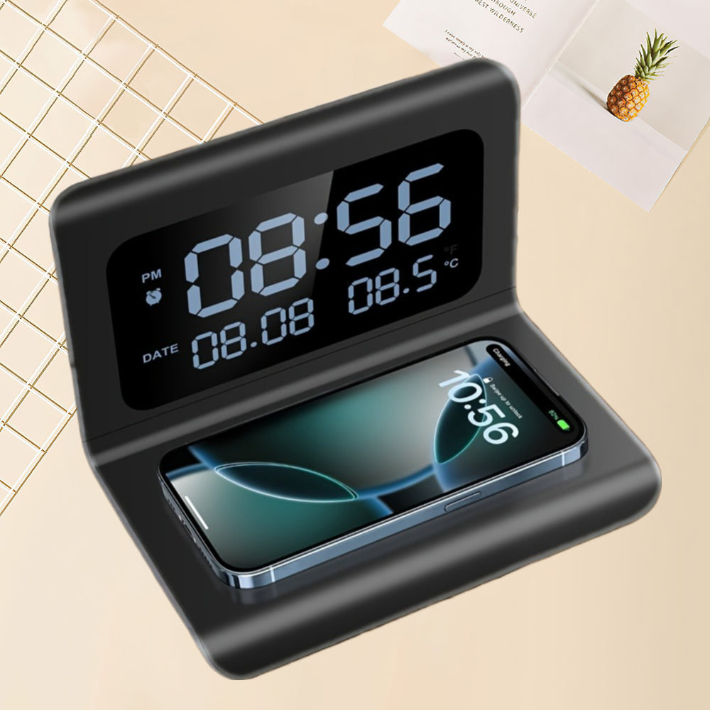 Multifunctional Wireless Charging Station Time Temperature Alarm Clock for Bedroom Desk Works with iPhone 16 15 14 13 12 11 Series AirPods Pro 2 3 4 Samsung S25 S23 S22 S21 S20 Galaxy Buds