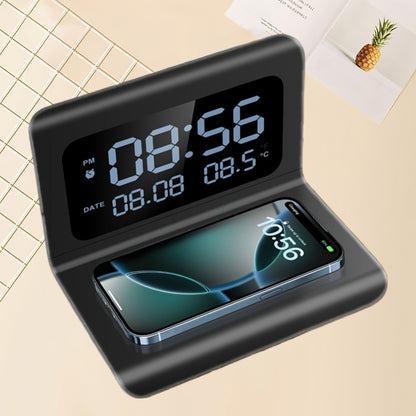 Multifunctional Wireless Charging Station Time Temperature Alarm Clock for Bedroom Desk Works with iPhone 16 15 14 13 12 11 Series AirPods Pro 2 3 4 Samsung S25 S23 S22 S21 S20 Galaxy Buds