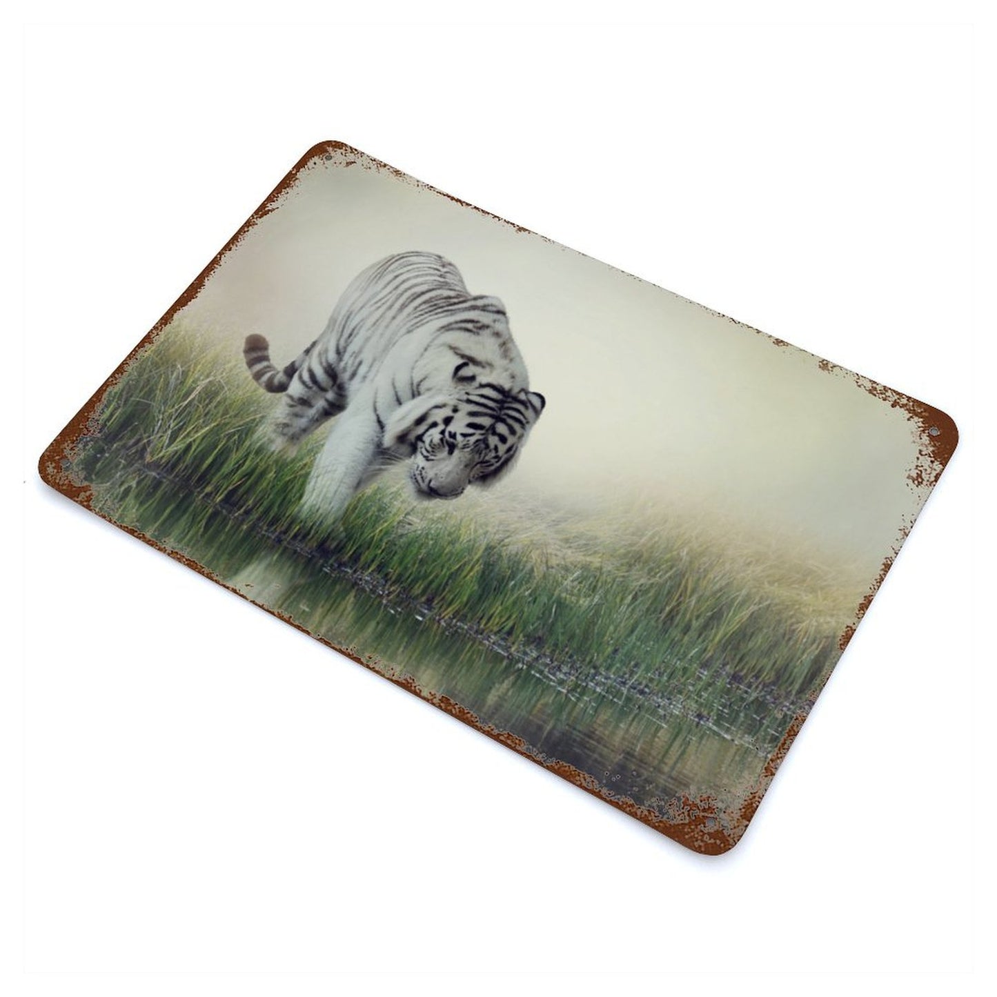 Vintage White Tiger by the Lake Metal Wall Art Decor