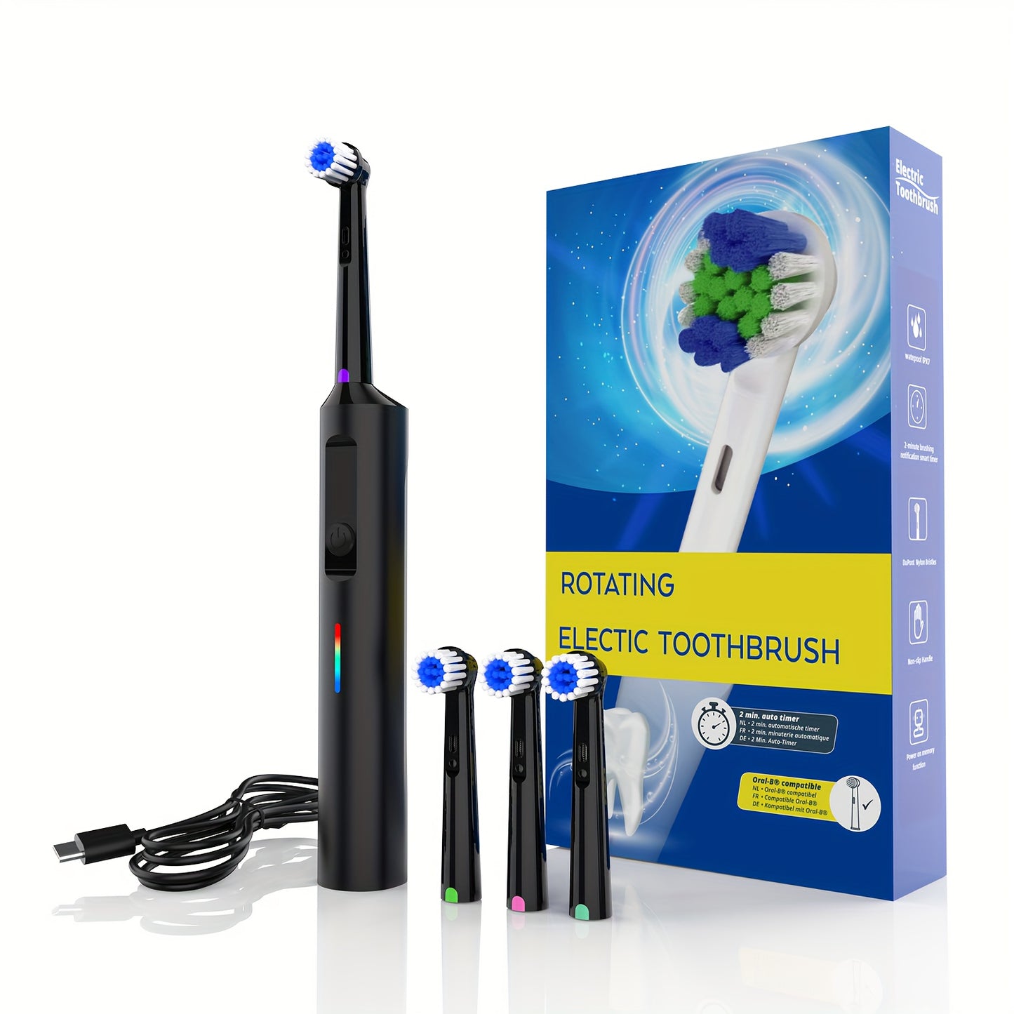 Electric Toothbrush for Men Women 3 Modes Rotating 4/8 Brush Heads Type-C Charging Deep Cleaning Soft Bristles IPX7 Waterproof Tongue Scraper