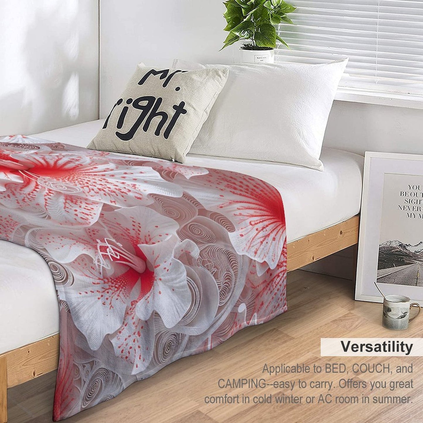 Soft Anti-Pilling Flannel Blanket with Red and White Floral Design