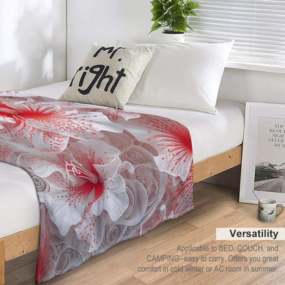 Soft Anti-Pilling Flannel Blanket with Red and White Floral Design