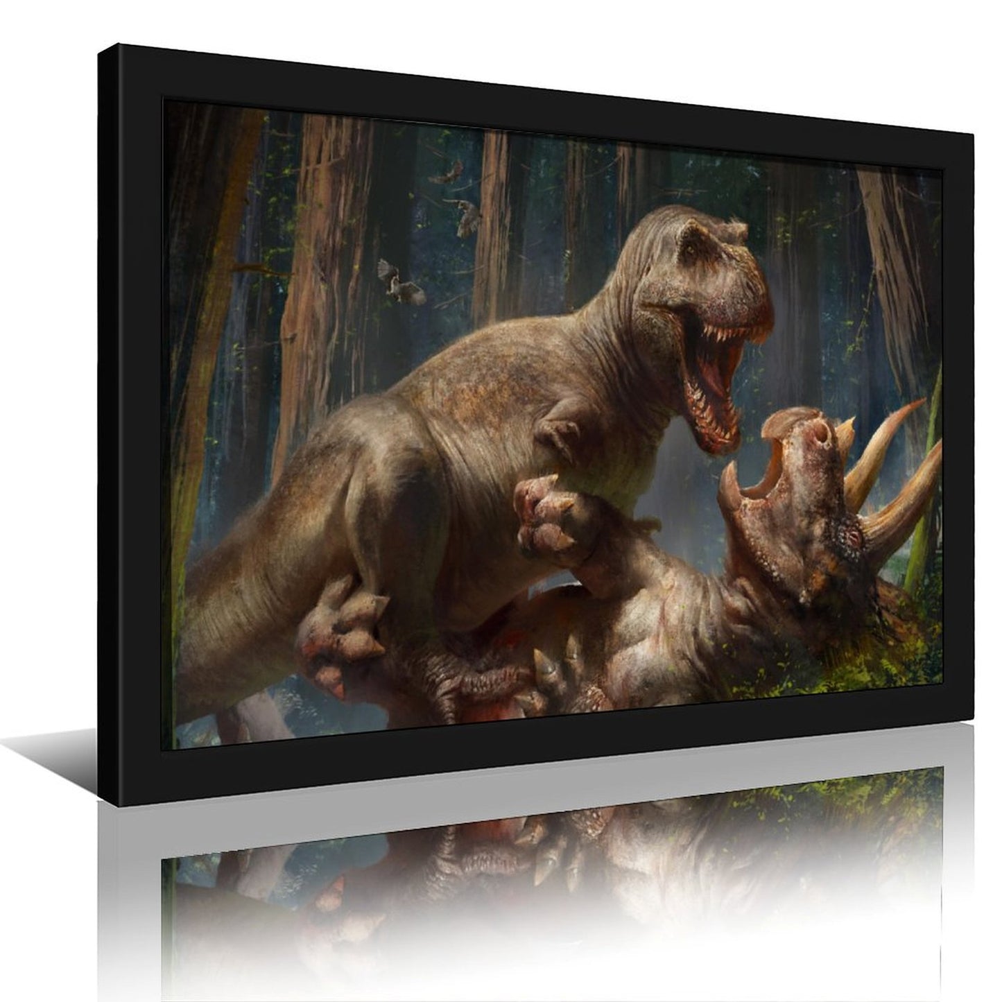 Dinosaur Battle Wall Art Black Frame Prehistoric Decor-4K
