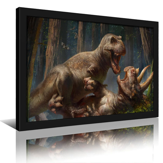 Dinosaur Battle Wall Art Black Frame Prehistoric Decor-4K