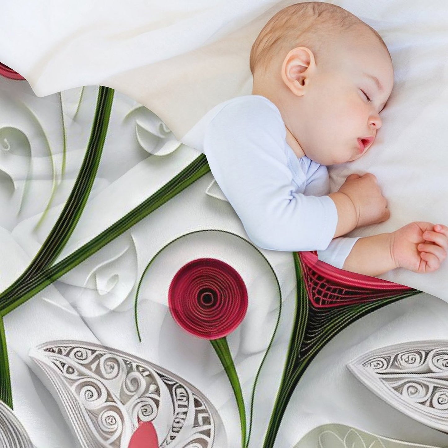 Anti-Pilling Flannel Blanket with 3D Red and White Floral Design