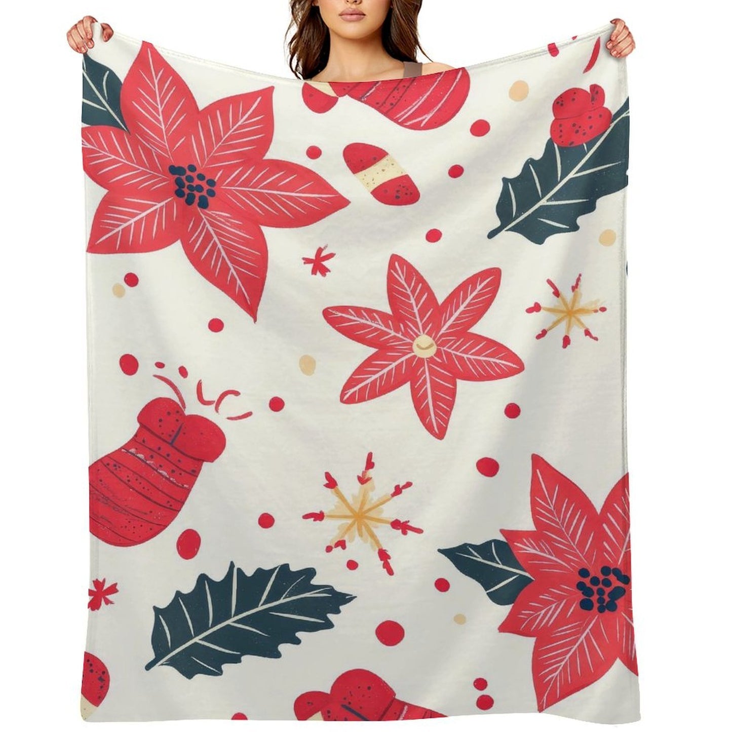 Soft Anti-Pilling Flannel Blanket with Red Christmas Flower Print