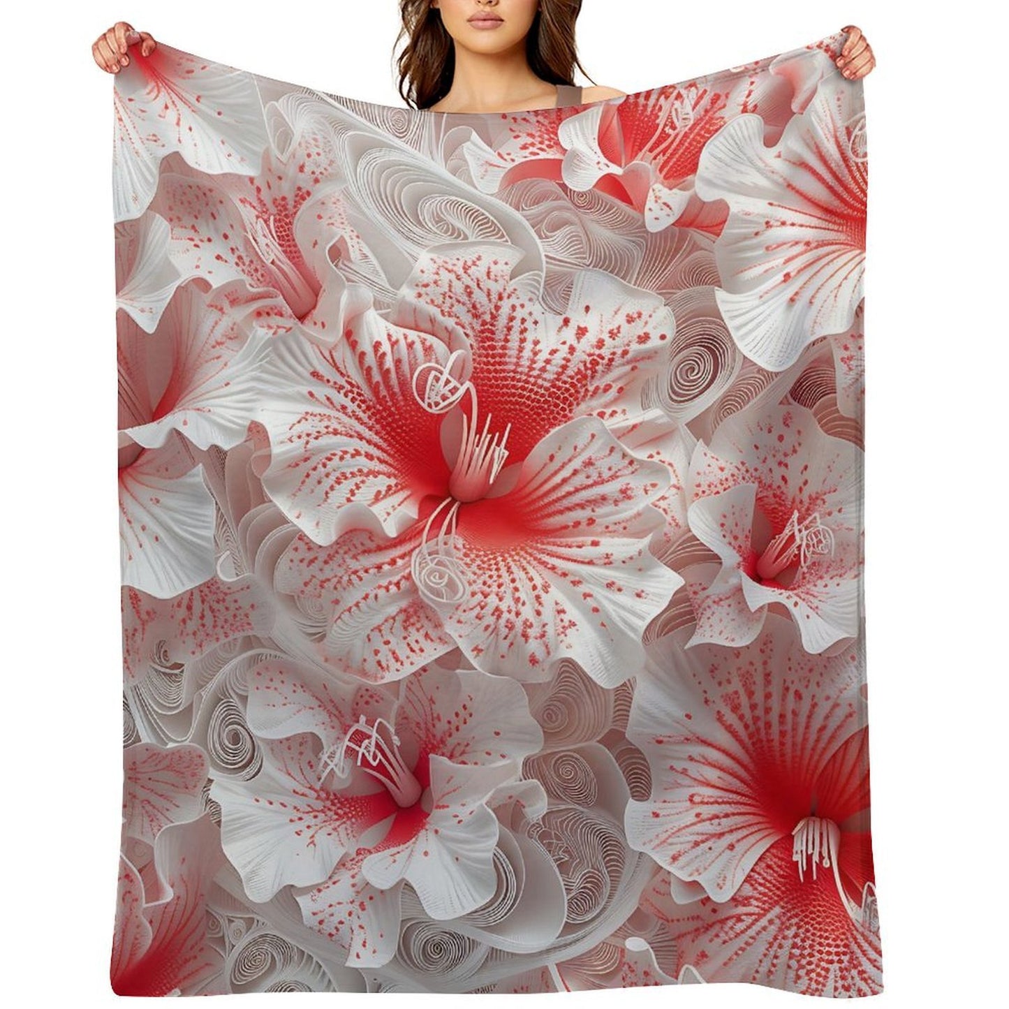 Soft Anti-Pilling Flannel Blanket with Red and White Floral Design