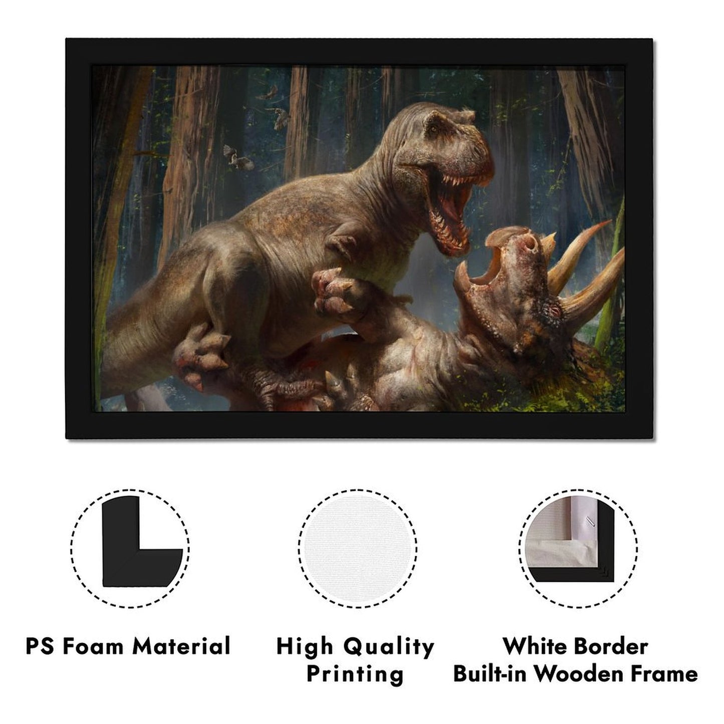 Dinosaur Battle Wall Art Black Frame Prehistoric Decor-4K