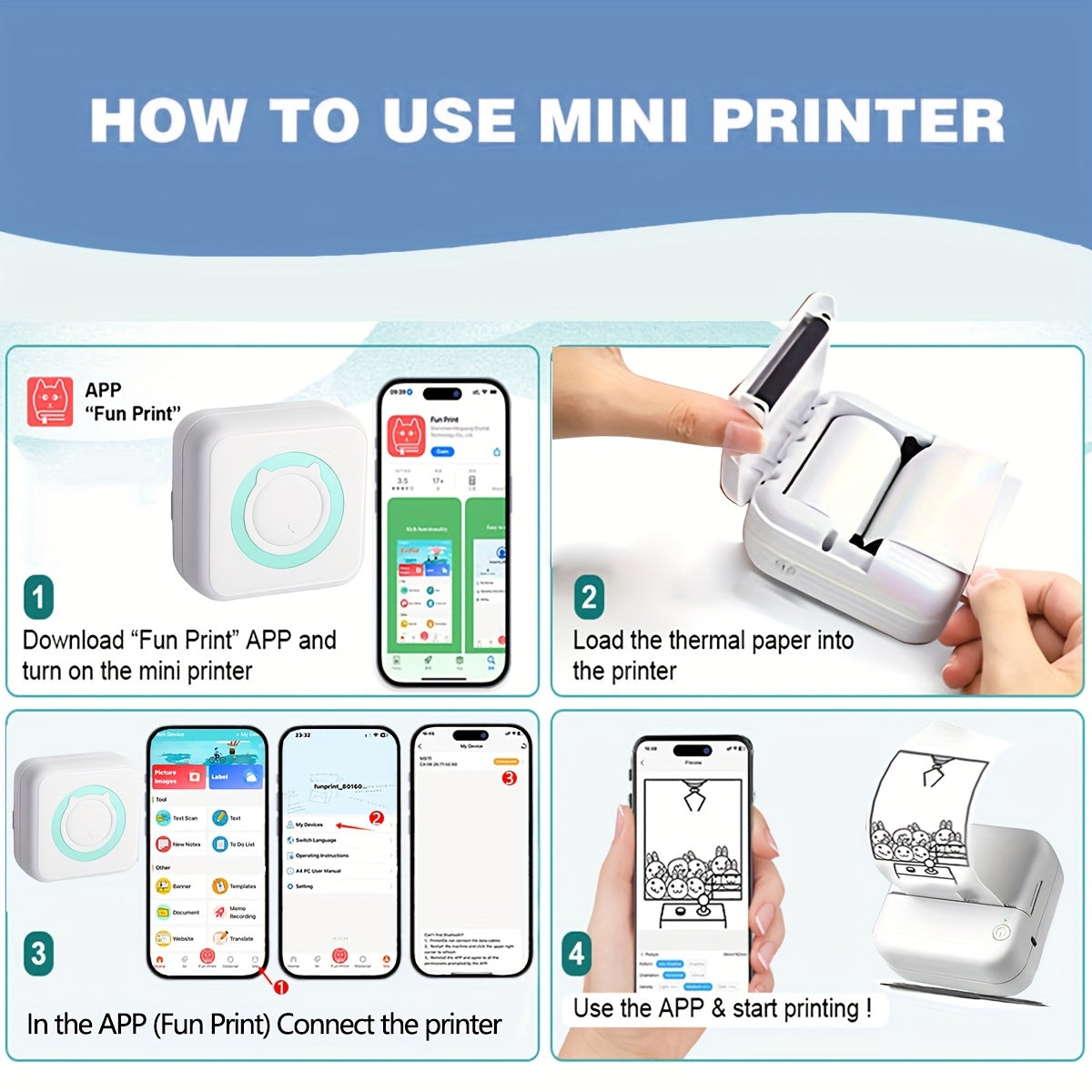 1pc Mini Wireless Printer Portable Pocket Inkless Photo Printer For Smartphone