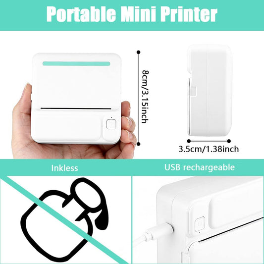 Mini Thermal Printer Inkless Wireless Smartphone Compatible USB Charging Monochrome Output for Photo Journal Notes Memo iOS Android