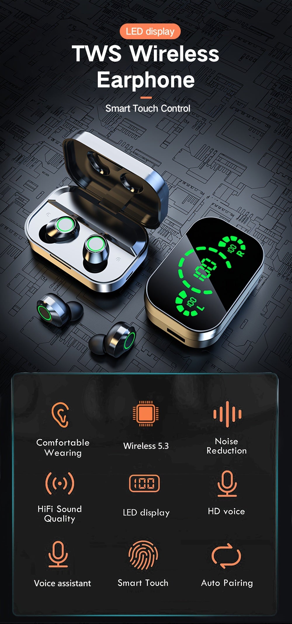 Digital Screen  Earbuds High-Fidelity Stereo Sound Built-In Mic Wireless for Sports Running Gaming Active Lifestyles