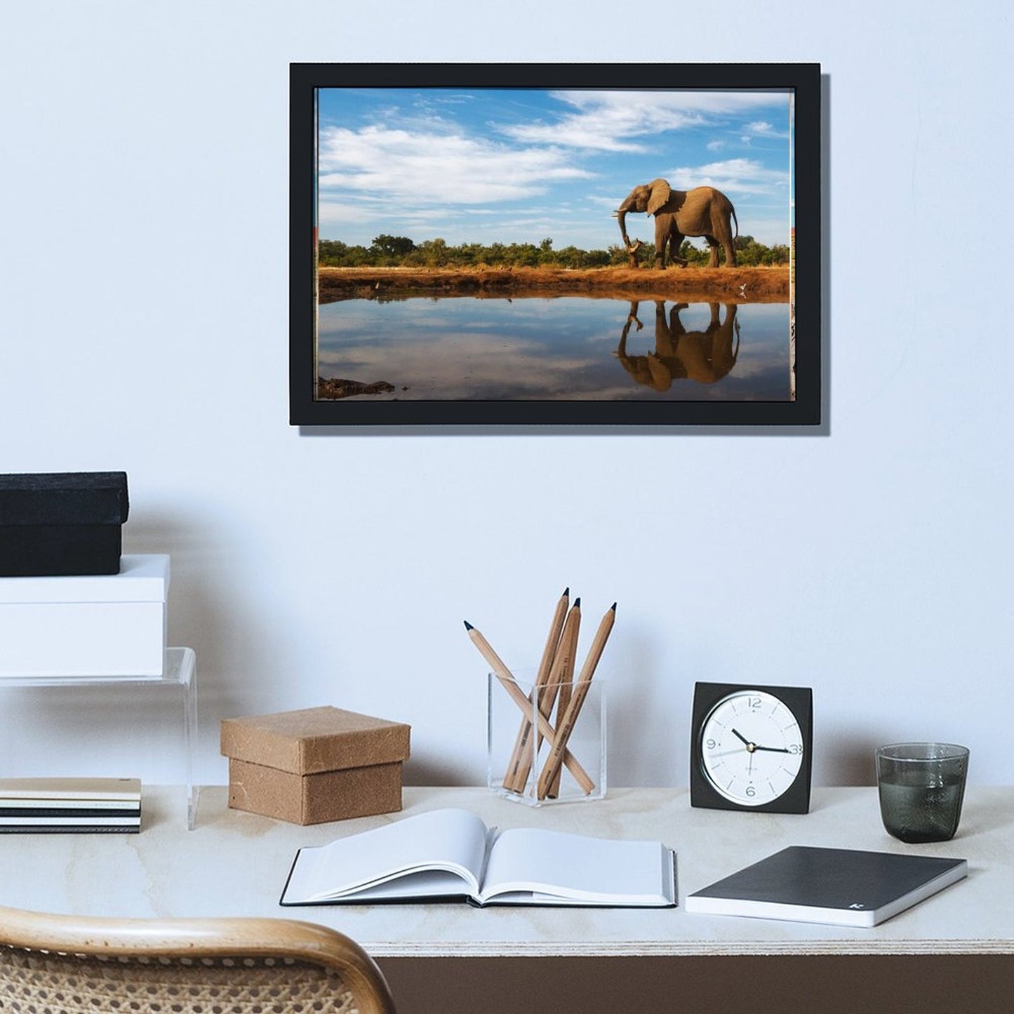 Elephant by the Water Canvas Wall Art – Modern Framed Décor 013