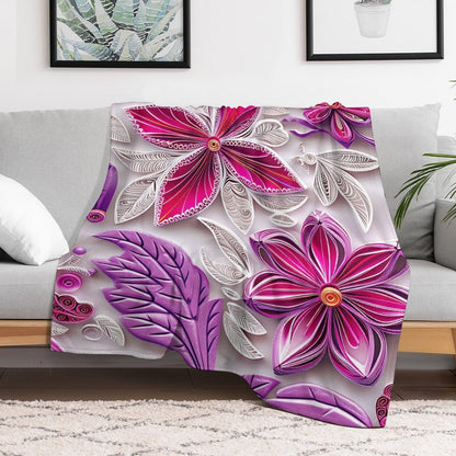 Soft Anti-Pilling Flannel Blanket with Pink and Purple Floral Design