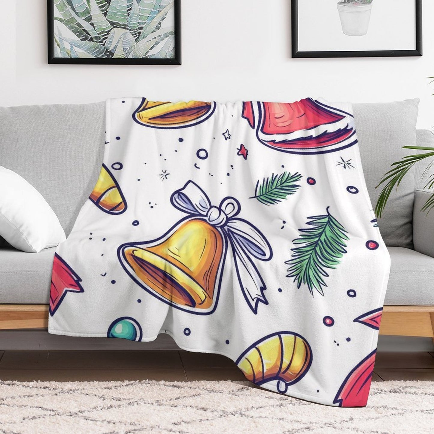 Soft Flannel Blanket with Anti-Pilling Christmas Bell Print, Cozy Throw for Home