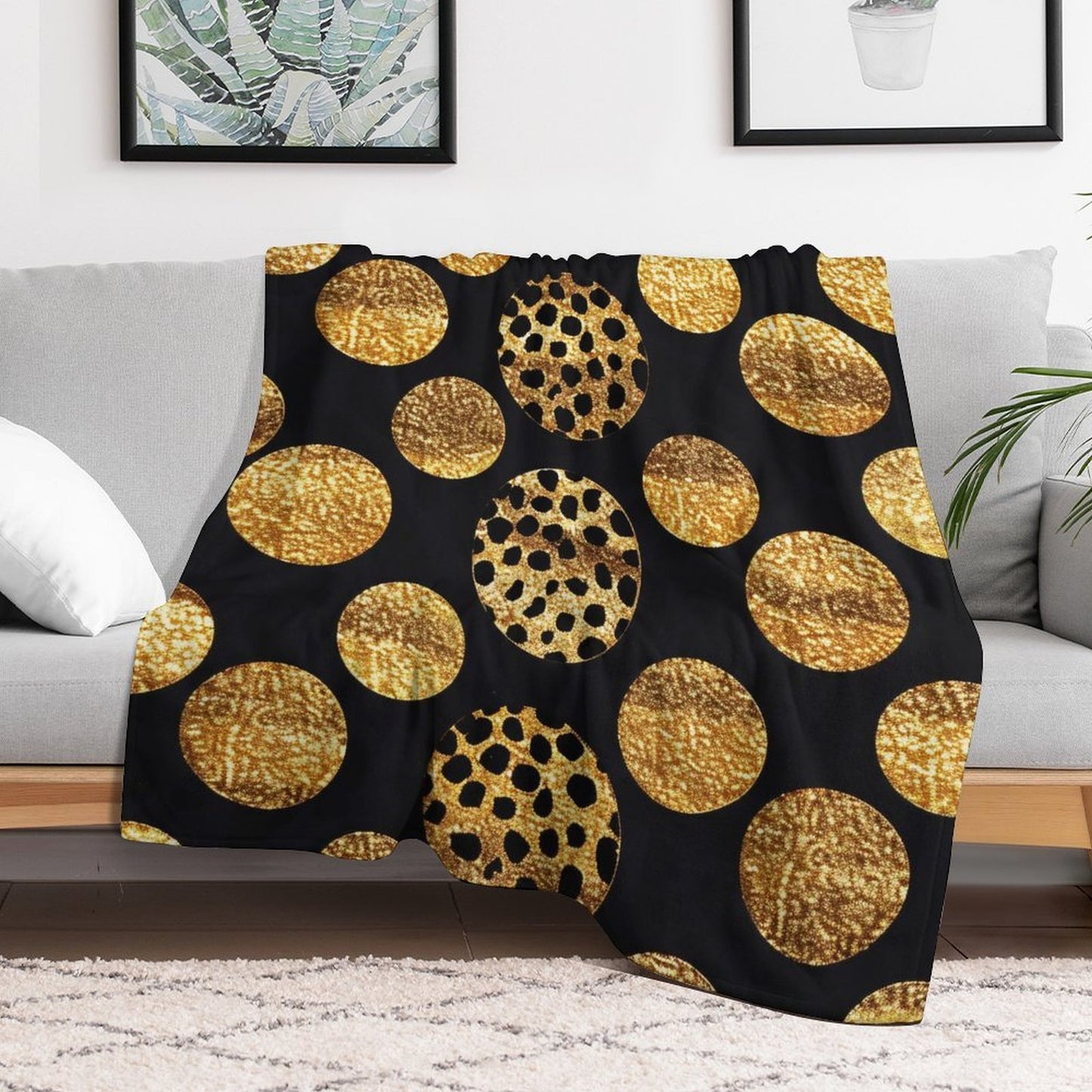 Soft Flannel Throw Blanket Black and Gold Dots