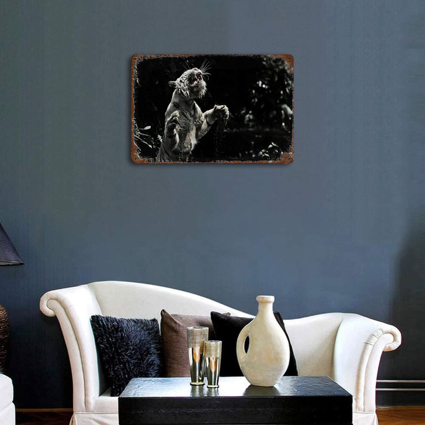 ChatGPT 说：  Vintage Wild White Tiger in Jungle Metal Wall Art Decor