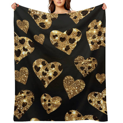 Anti-Pilling Flannel Blanket with Gold Glitter Heart Pattern Design